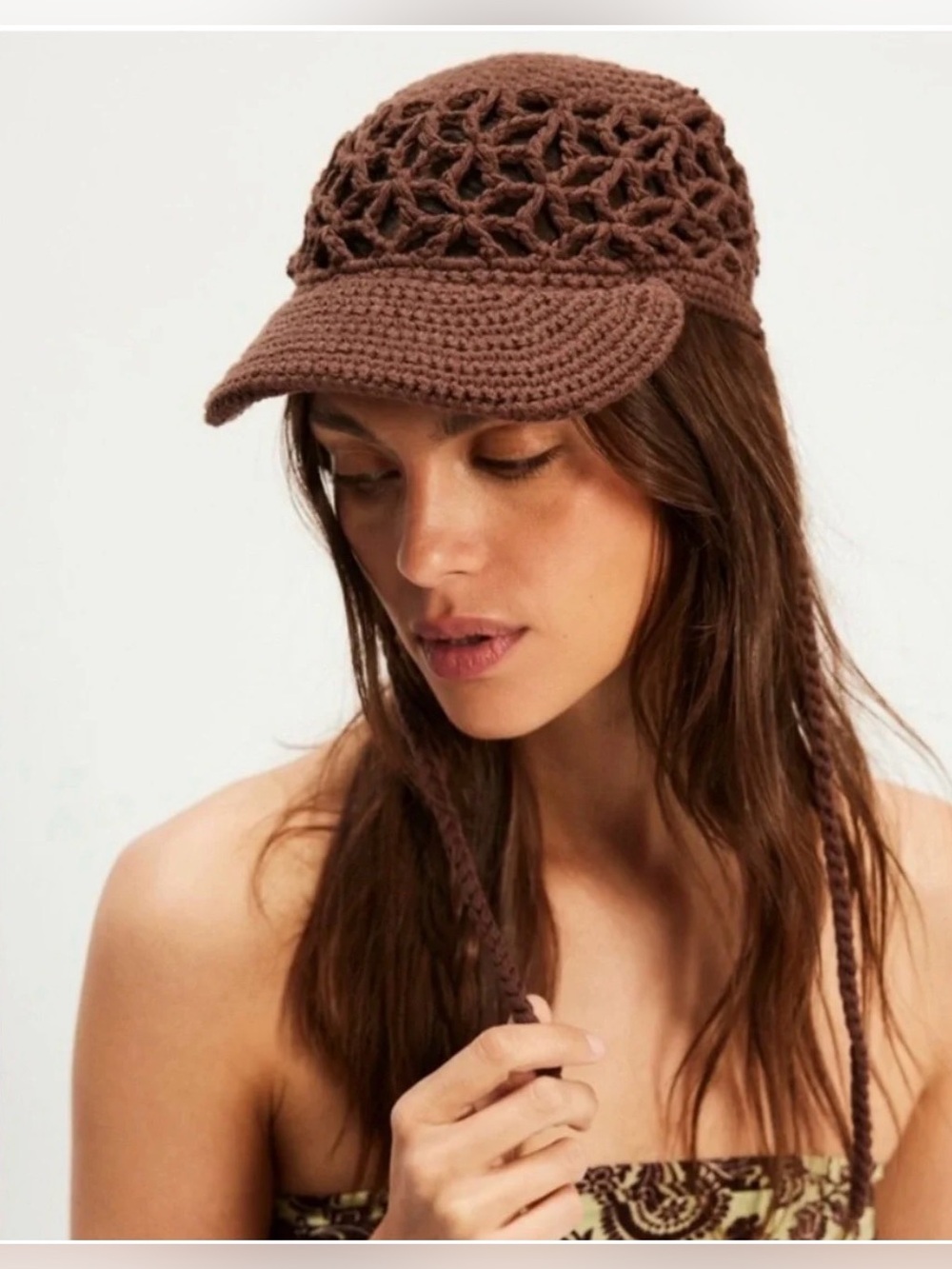 Free People Silvie Crochet Hat Chocolate Brown NWT $48
